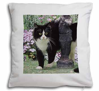 Black and White Cat in Garden Soft White Velvet Feel Scatter Cushion