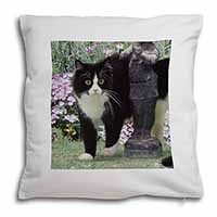 Black and White Cat in Garden Soft White Velvet Feel Scatter Cushion