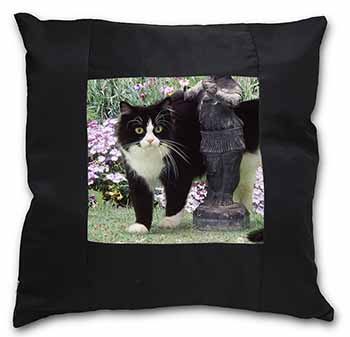 Black and White Cat in Garden Black Satin Feel Scatter Cushion