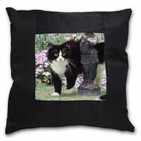 Black and White Cat in Garden Black Satin Feel Scatter Cushion