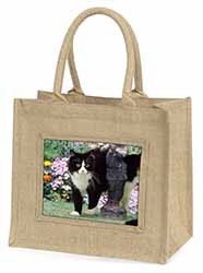 Black and White Cat in Garden Natural/Beige Jute Large Shopping Bag