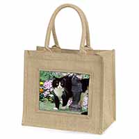 Black and White Cat in Garden Natural/Beige Jute Large Shopping Bag