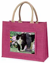 Black and White Cat in Garden Large Pink Jute Shopping Bag