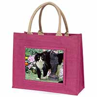 Black and White Cat in Garden Large Pink Jute Shopping Bag