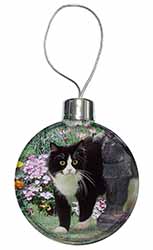Black and White Cat in Garden Christmas Bauble