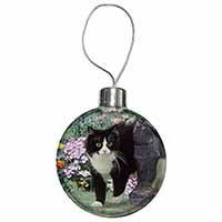 Black and White Cat in Garden Christmas Bauble