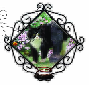 Black and White Cat in Garden Wrought Iron Wall Art Candle Holder