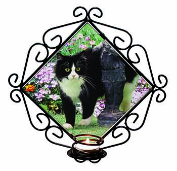 Black and White Cat in Garden Wrought Iron Wall Art Candle Holder