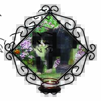 Black and White Cat in Garden Wrought Iron Wall Art Candle Holder