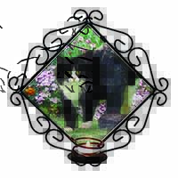 Black and White Cat in Garden Wrought Iron Wall Art Candle Holder