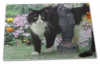 Large Glass Cutting Chopping Board Black and White Cat in Garden