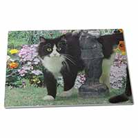 Large Glass Cutting Chopping Board Black and White Cat in Garden