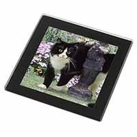 Black and White Cat in Garden Black Rim High Quality Glass Coaster