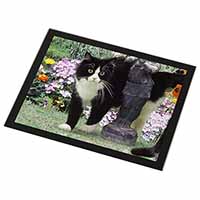 Black and White Cat in Garden Black Rim High Quality Glass Placemat