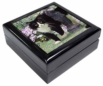 Black and White Cat in Garden Keepsake/Jewellery Box