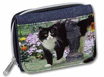 Black and White Cat in Garden Unisex Denim Purse Wallet