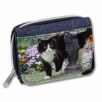 Black and White Cat in Garden Unisex Denim Purse Wallet