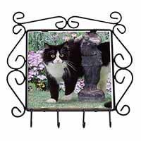 Black and White Cat in Garden Wrought Iron Key Holder Hooks