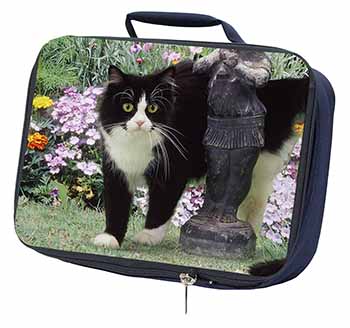 Black and White Cat in Garden Navy Insulated School Lunch Box/Picnic Bag