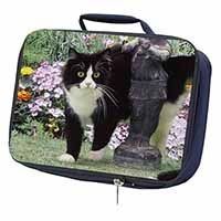 Black and White Cat in Garden Navy Insulated School Lunch Box/Picnic Bag