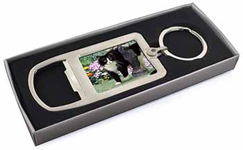 Black and White Cat in Garden Chrome Metal Bottle Opener Keyring in Box