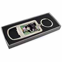 Black and White Cat in Garden Chrome Metal Bottle Opener Keyring in Box