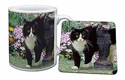 Black and White Cat in Garden Mug and Coaster Set