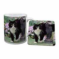 Black and White Cat in Garden Mug and Coaster Set