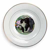 Black and White Cat in Garden Gold Rim Plate Printed Full Colour in Gift Box