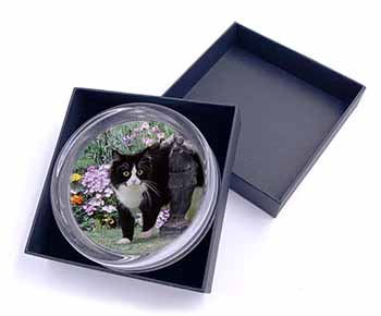 Black and White Cat in Garden Glass Paperweight in Gift Box