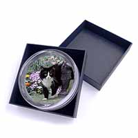 Black and White Cat in Garden Glass Paperweight in Gift Box