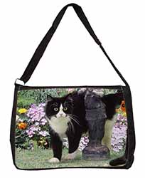 Black and White Cat in Garden Large Black Laptop Shoulder Bag School/College
