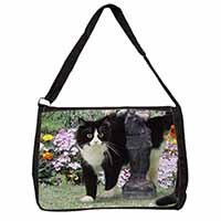 Black and White Cat in Garden Large Black Laptop Shoulder Bag School/College