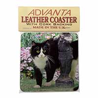 Black and White Cat in Garden Single Leather Photo Coaster