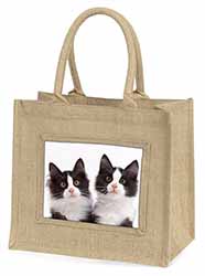 Black and White Kittens Natural/Beige Jute Large Shopping Bag