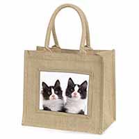 Black and White Kittens Natural/Beige Jute Large Shopping Bag