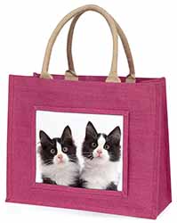 Black and White Kittens Large Pink Jute Shopping Bag