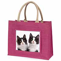 Black and White Kittens Large Pink Jute Shopping Bag