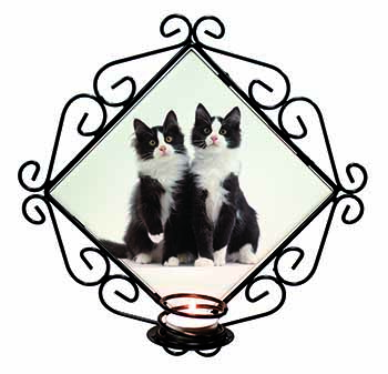 Black and White Kittens Wrought Iron Wall Art Candle Holder