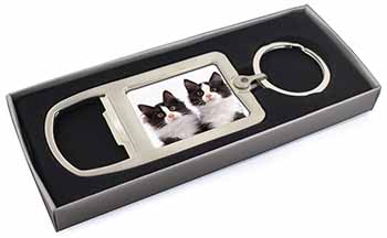Black and White Kittens Chrome Metal Bottle Opener Keyring in Box