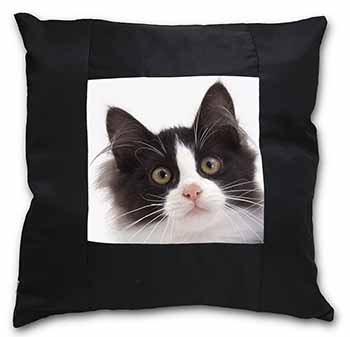 Black and White Cat Black Satin Feel Scatter Cushion