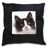 Black and White Cat Black Satin Feel Scatter Cushion