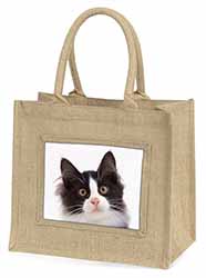 Black and White Cat Natural/Beige Jute Large Shopping Bag