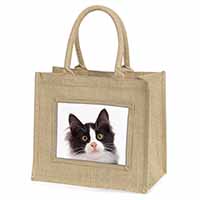 Black and White Cat Natural/Beige Jute Large Shopping Bag