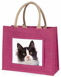 Black and White Cat Large Pink Jute Shopping Bag
