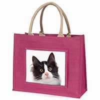 Black and White Cat Large Pink Jute Shopping Bag