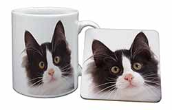 Black and White Cat Mug and Coaster Set