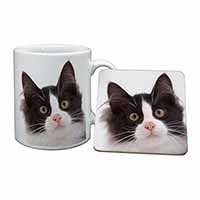 Black and White Cat Mug and Coaster Set