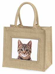 Brown Tabby Cats Face Natural/Beige Jute Large Shopping Bag
