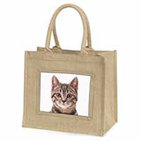 Brown Tabby Cats Face Natural/Beige Jute Large Shopping Bag